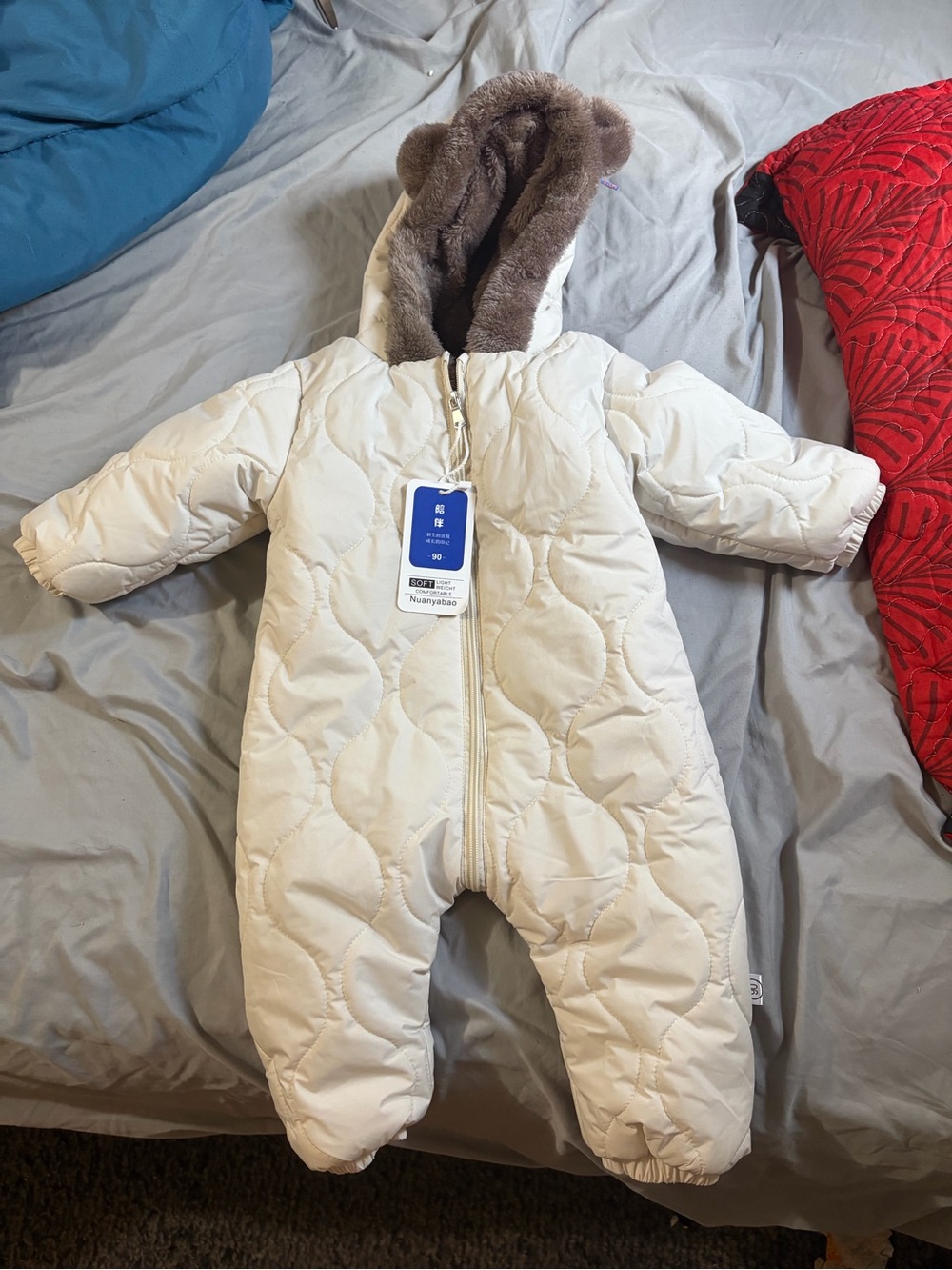 Cream Hooded Quilted Baby One-Piece Snowsuit